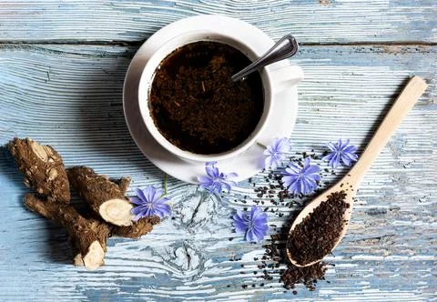 Healthy coffee substitute infusion made with chicory root, the root, the flo Stock Photos