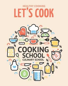Healthy Cooking Lets Cook Culinary School Placard Poster Banner Card Template Stock Illustration