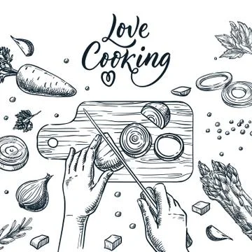Healthy cooking meal preparation process vector sketch illustration. Human ha Stock Illustration