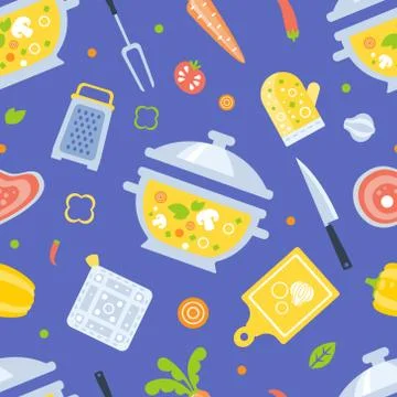 Healthy Cooking Seamless Pattern, Kitchen Utensils and Fresh Products, Design Illustrazione stock