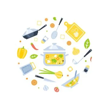 Healthy Cooking Seamless Pattern of Round Shape with Kitchen Utensils and Fresh Stock Illustration