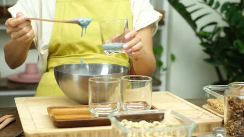 Healthy desert chia pudding making process Stock Footage 137945250