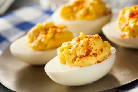 Healthy deviled eggs as an appetizer 스톡 사진