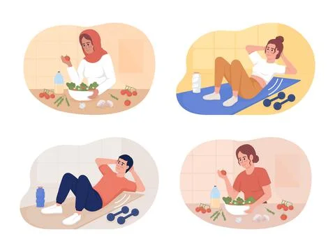 Healthy diet and exercise routine 2D vector isolated illustration set Illustrazione stock