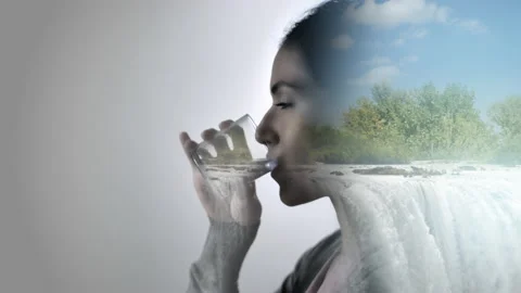 Healthy diet lifestyle concept double exposure of woman drinking and water Stock Footage
