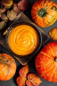 Healthy dietary natural vegetarian food for thanksgiving day, pumpkin puree s Stock Photos