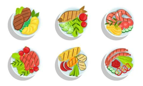 Healthy Dishes Set, Top view of Grilled Meat, Fish and Vegetables on Plates Stock Illustration