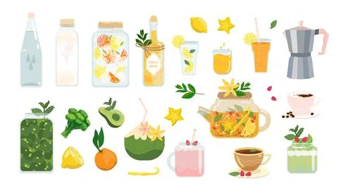 Healthy drinks set. Vector summer beverage. Vegan, vegetarian drinks collecti Stock Illustration