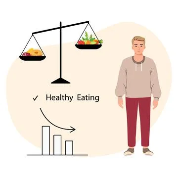 Healthy eating concept with balanced scale, graph, young adult Caucasian ma.. Stock Illustration