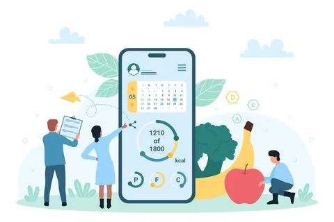 Healthy eating mobile app, tiny people count calories in food using online app イラスト素材