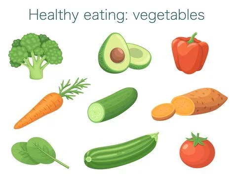 Healthy Eating Vegetables Vector Set. 库存插图