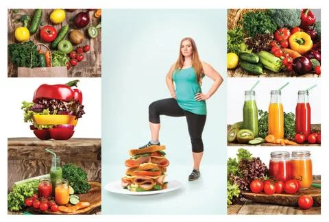 The healthy food and fat woman Stock Photos