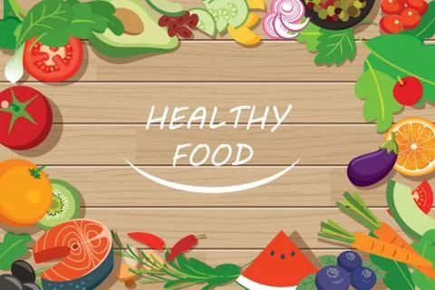 Healthy food frame on wood table Stock Illustration