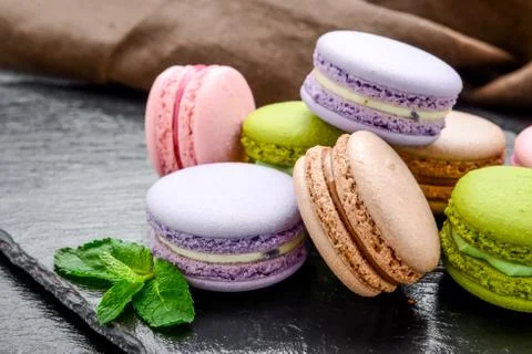Healthy food, stack of macarons, macaroons French cookie Stock Photos