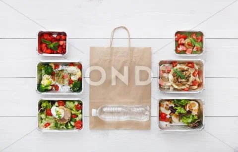Healthy Food Take Away In Boxes, Top View At Wood
