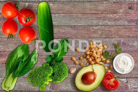 Healthy Foods Vegetables On Old Vintage Table Stock Photos