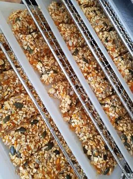 Healthy granola bars are dried in a dehydrator. Stock Photos