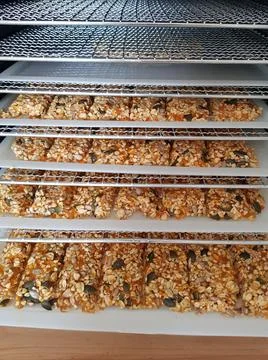 Healthy granola bars are dried in a dehydrator. Stock Photos