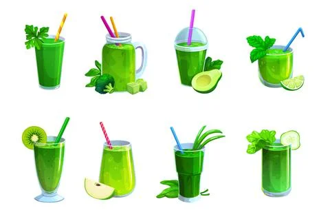 Healthy green smoothie drinks set in glass cups Stock Illustration