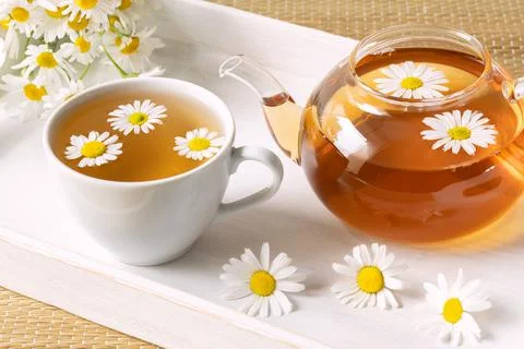 Healthy herbal tea in cup, chamomile flowers and teapot on white wooden tray Stock Photos