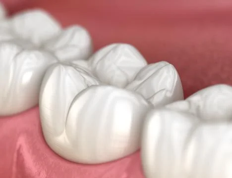 Healthy human teeth with normal occlusion, macro view. Medically accurate too Illustrazione stock
