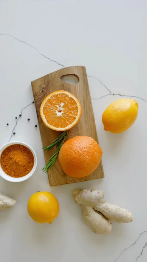 Healthy ingredients like oranges and ginger on marble counter Video stock 331769892