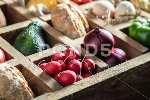 Healthy ingredients for sandwich with cheese, tomato and radish Stock Photos