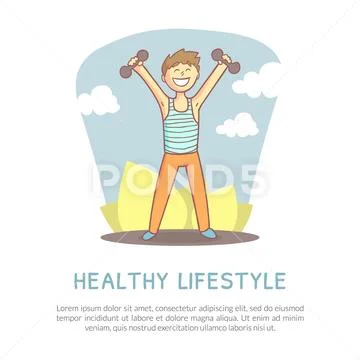 Healthy Lifestyle Banner with Space for Text, Active Young Man Exercising with Stock Illustration