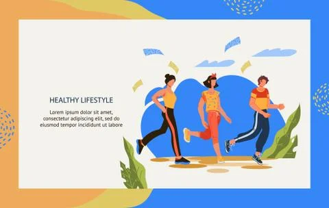 Healthy lifestyle banner template with people running or jogging in park. Stock Illustration