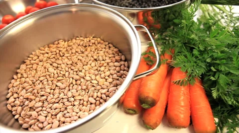 Healthy lifestyle. Food, vegetables. Beans, tomatoes, carrots, radish, kale Stock Footage