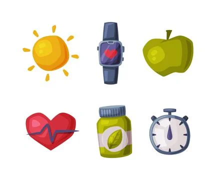 Healthy Lifestyle Objects with Smart Watch, Apple, Cardio Sign, Supplement and イラスト素材