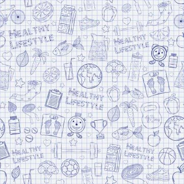 Healthy lifestyle pattern on the notebook sheet Stock Illustration
