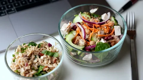 Healthy lunch image in office with computer Stock Footage 158707179