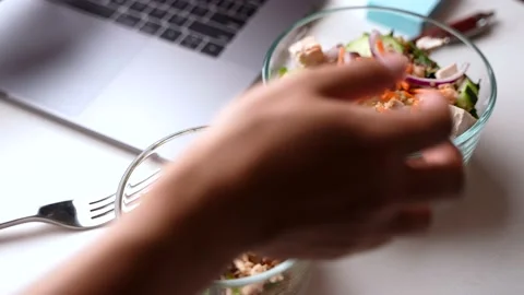 Healthy lunch image in office with computer Stock Footage 158707389