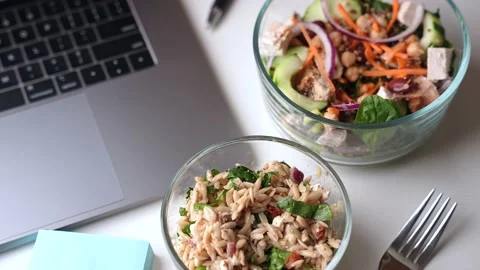 Healthy lunch image in office with computer Stock Footage 158707428