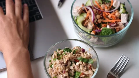 Healthy lunch image in office with computer Stock Footage 158707487