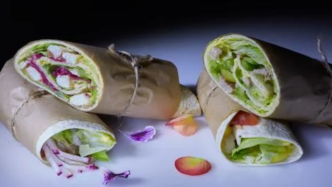 Healthy lunch snack. Stack of mexican street food fajita tortilla wraps with Stock-Fotos