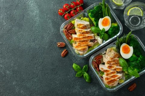 Healthy meal prep containers with green beans, chicken breast and broccoli. A Stock Photos
