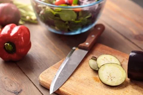 Healthy meal preparation objects vegetables for salad close-up Stock Photos