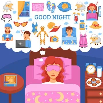 Healthy Night Sleep Tips Flat Poster Stock Illustration