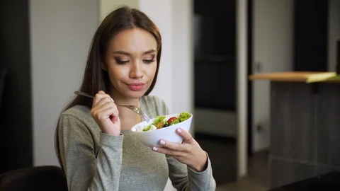 Healthy Nutrition. Woman Eating Vegetable Dieting Salad Stock Footage