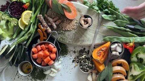 Healthy nutritious eating containing natural vitamins and minerals. Stock Footage 342623976
