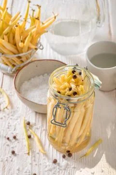 Healthy pickled yellow beans with dill and galic. Stock Photos