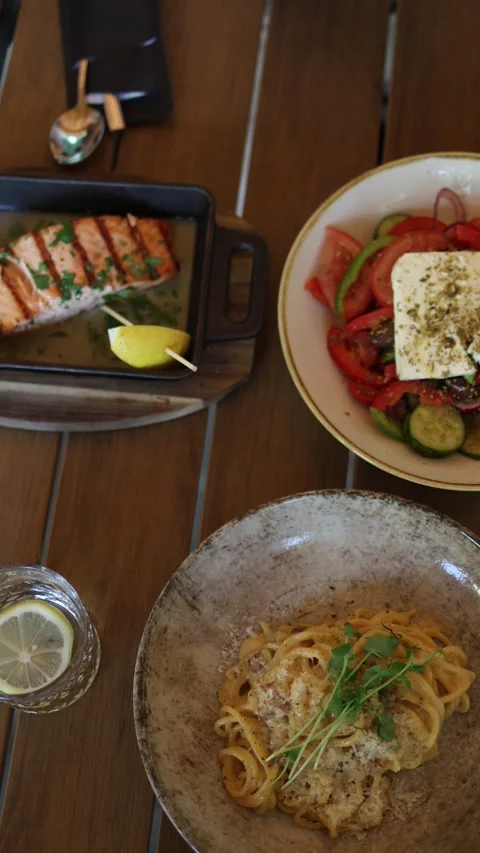 Healthy restaurant lunch table Stock Footage 337848556