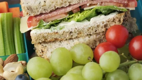 Healthy school or work lunch box with sandwich, fresh vegetables, fruits and Stock Footage 158303627