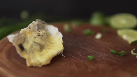 Healthy seafood, closeup serving open oysters with cheese in a restaurant Stock Footage 91201071