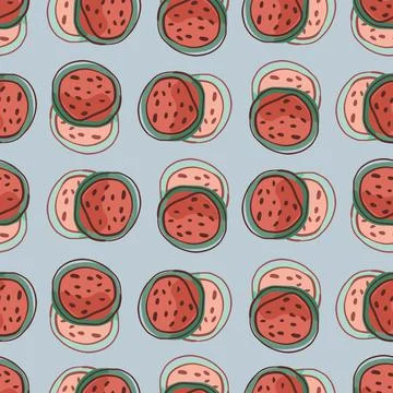 Healthy seamless pattern with red watermelon elements print. Blue background. Illustrazione stock