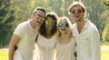 Healthy smiles on faces of happy young people in clean white clothes, friendship HD Footage