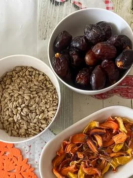 Healthy Snack Assortment on Table 스톡 사진