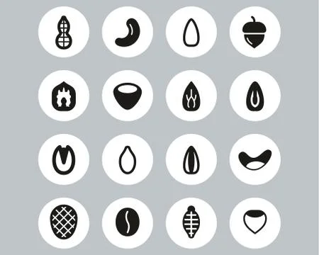Healthy Snacks Or Nuts Icons Black &amp; White Flat Design Circle Set Big Stock Illustration